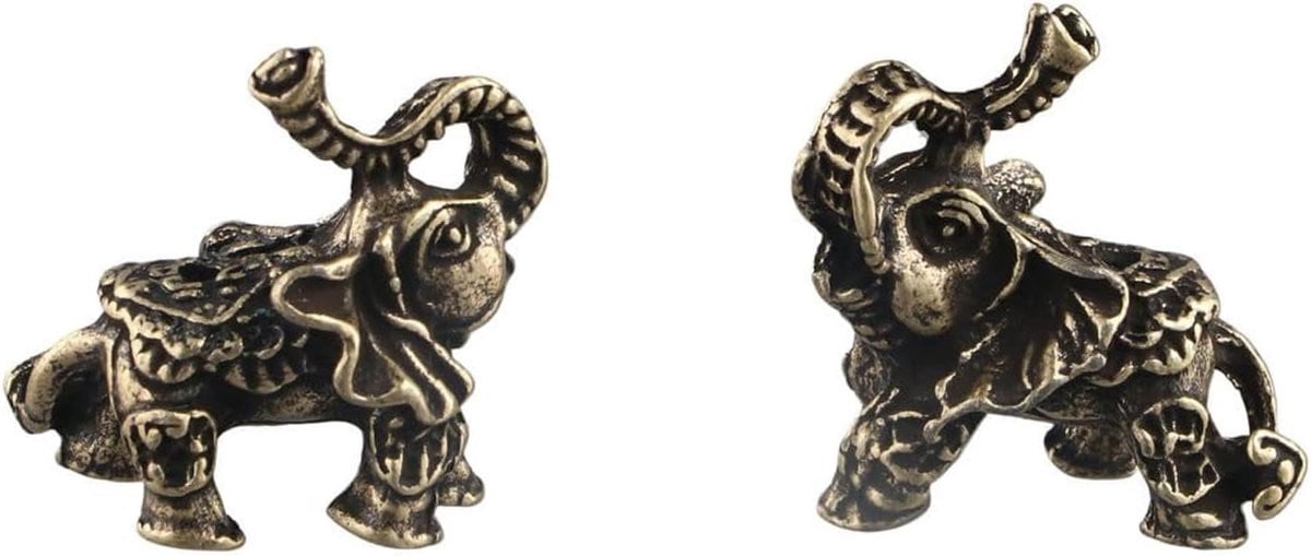 Set van twee bronzen olifant beeldjes voor Feng Shui decoratie, Hoogte: 3,5 cm