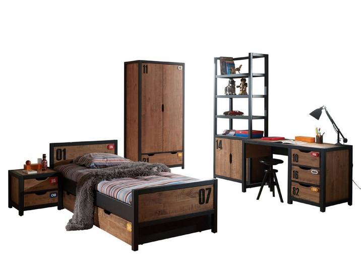 58 aufm Kessel Jugendzimmer-Set Kinderzimmer Set komplett Kameko 10 Massivholz+MDF Schwarz/Cognac, (inkl. Versand, Lieferung bis Verwendungsstelle), Nachtkonsole, Bett, Bettschublade, Kleiderschrank, Schreibtisch, Regal