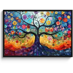 POSTER MIT RAHMEN Kunst - Baum des Lebens - Blumen - Hippie 120x80 cm