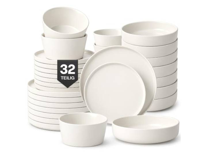 MIAMIO - Geschirrset 8 Personen, Keramik (32-teilig) - Luxe (Cremeweiß) Modernes Keramik Geschirrset mit Suppentellern, Tellern & Schüsseln für 8 Personen, 32er Tafelservice - spülmaschinenfest
