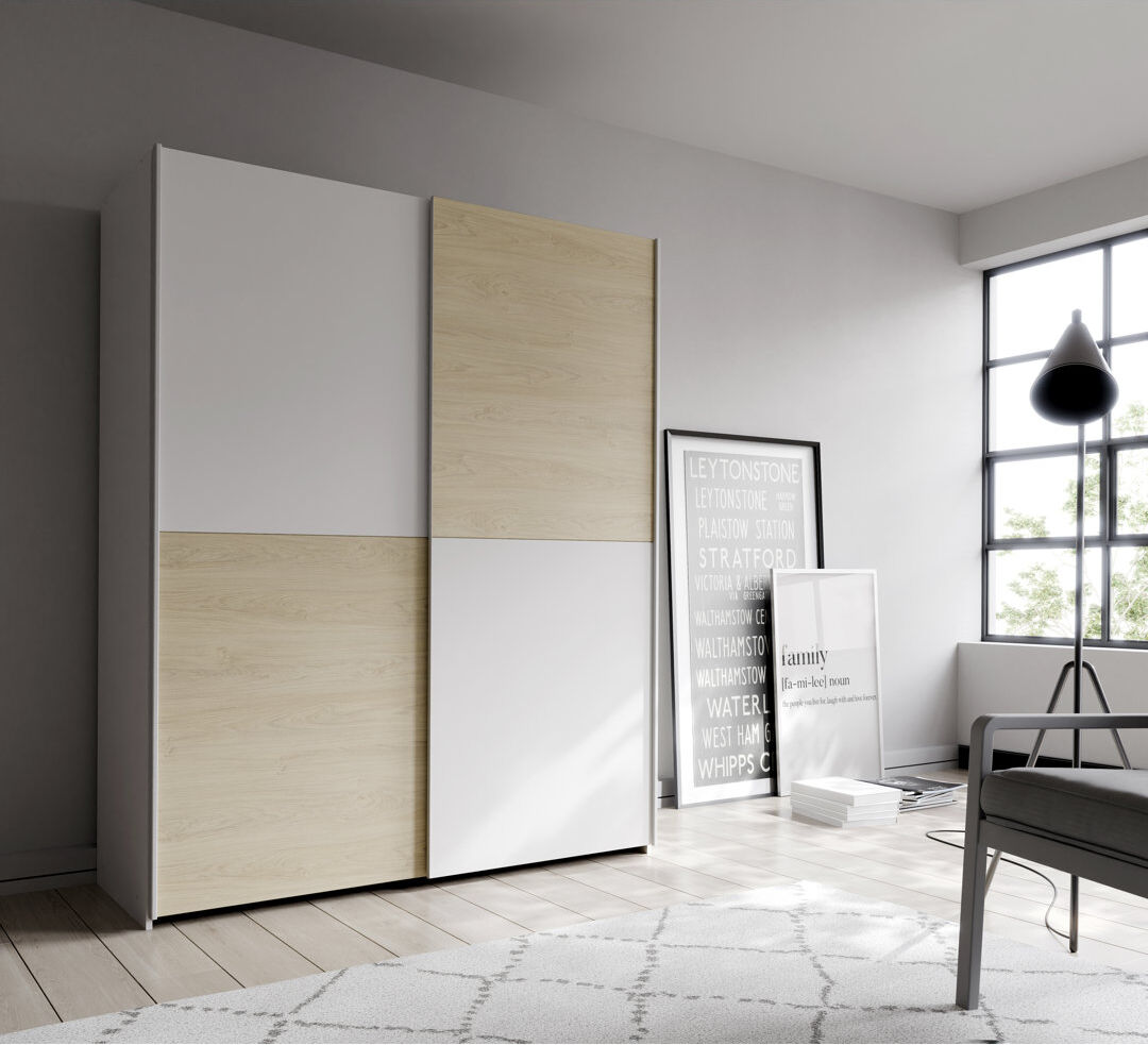 17 Stories Myrtil 2 Door Wardrobe Puccini Oak/White;Puccini oak with white 190cm H x 150cm W x 61cm D