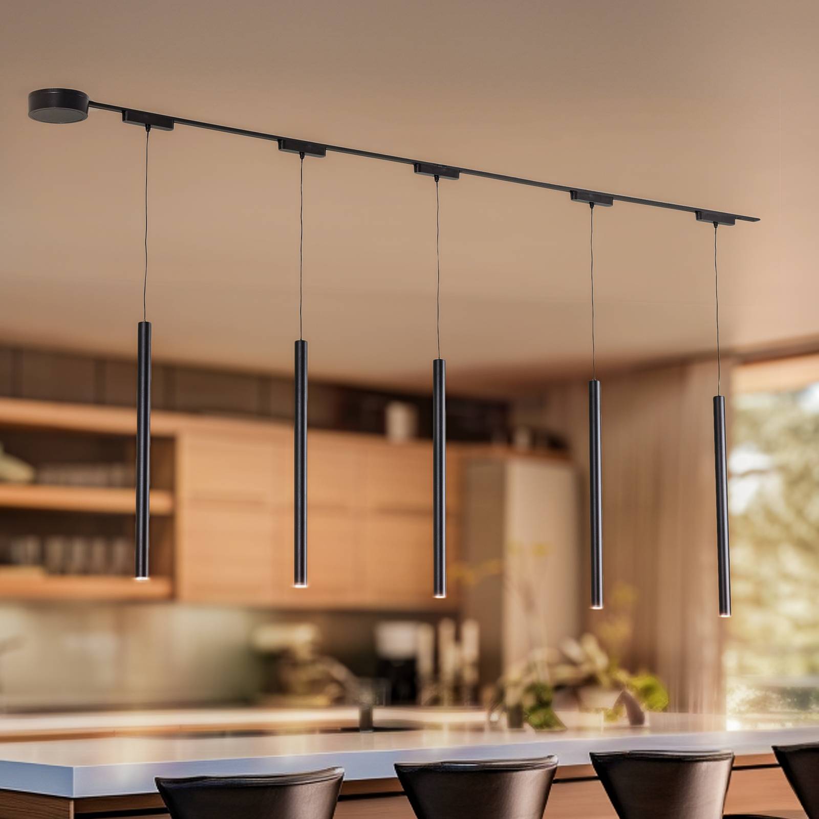 Schienensystem 48V Lumaro, Pendel, 5-flg., schwarz, dimmbar Lumaro Lindby,, schwarz, für Wohn- / Esszimmer, Aluminium, Modern