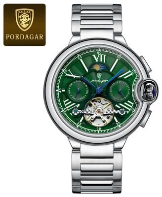 PRiME Luxury Man Watch With Hollow Tourbillon, Automatic Mechanical Watch For Men, Waterproof Stainless Steel Design 1413 Silver Green S