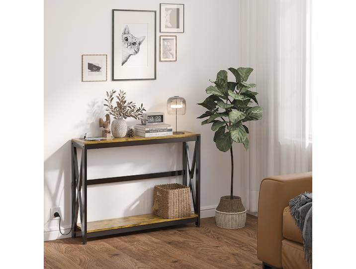 HOMCOM Console meuble étroite à 2 niveaux style industriel avec prises de courant et USB, 100 x 24 x 75 cm, marron