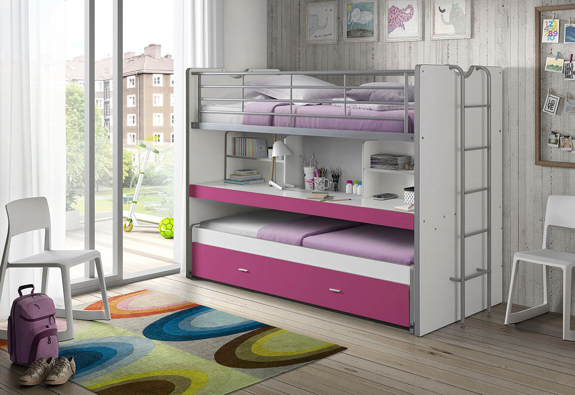 Hochbett VIPACK "Bonny, mit 3 Schlafgelegenheiten, super praktisch im Kinderzimmer", lila (weiß, fuchsia), B:102cm H:161cm L:222cm, Hochbetten, Hochbett, mit grosser Schreibplatte, Regalfächern, viel Funktion auf kleinem Raum weiß, fuchsia Liegeflächen B/