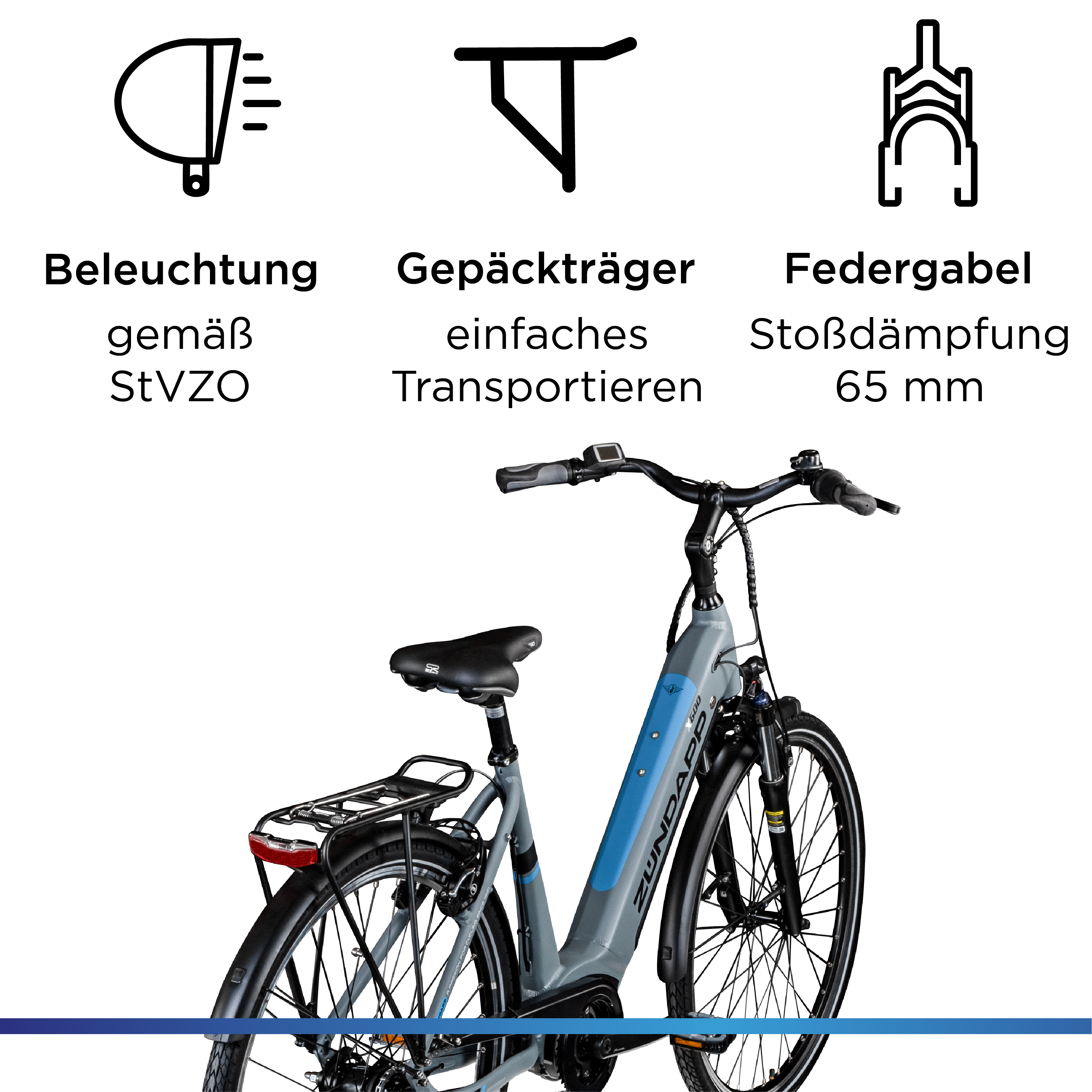 E-Bike ZÜNDAPP "X600 - Bosch Mittelmotor" Gr. 50, grau (grau, blau), Elektrofahrräder, 50cm, 28 Zoll (71,12cm), E-Bike, Pedelec, Elektrofahrrad für Damen u. Herren