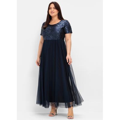 Abendkleid SHEEGO "Abendkleid", Damen, Gr. 48, Normalgrößen, blau (marine), 100% Polyester, unifarben, lang, Rundhals, Kleider Abendkleid