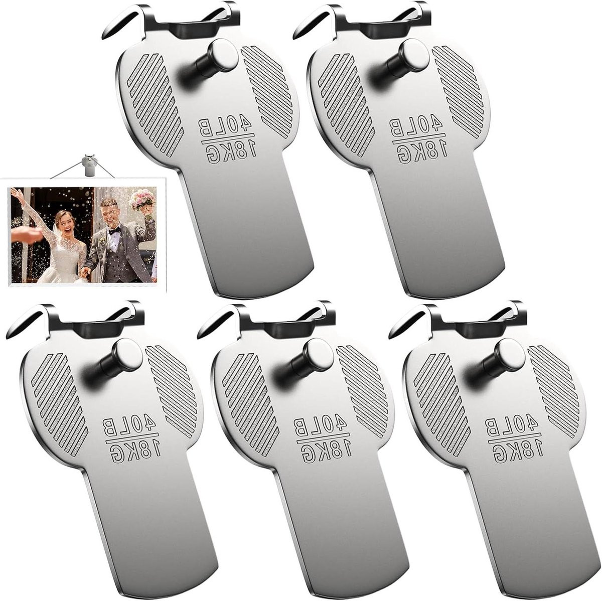 Set van 5 zilverkleurige wandhaken voor het ophangen van fotolijsten en decoratie