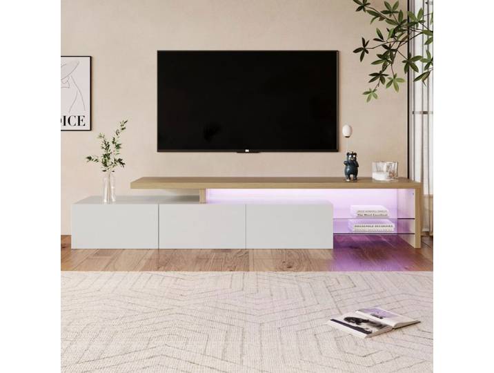 Meuble TV LED Meuble TV Moderne Meuble TV Bois et Blanc Meuble Banc TV Avec étagère en verre transparent Ensemble de Salon 200 cm