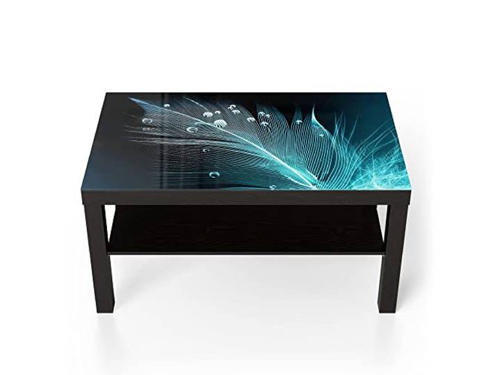 DEQORI Glastisch schwarz groß 90x50 cm Motiv Feder mit Wasserperlen ausgefallener Beistelltisch aus Glas Hochglanz Couchtisch fürs Wohnzimmer moderner Couch Tisch mit Design