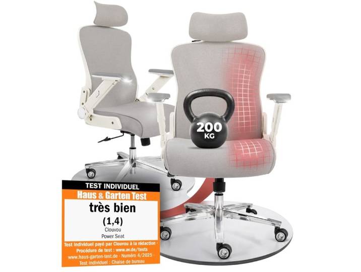 Chaise de bureau ergonomique large assise CLOUVOU - PowerSeat - Fauteuil de bureau - dossier respirant - Max 200 kg - Créme