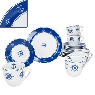 Ahoi 18tlg Kaffeeservice Porzellan 6Pers Tasse Untertasse Teller Anker nautisch