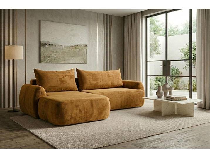 Kaiser Möbel Ecksofa mit Schlaffunktion und Bettkasten, Chenille-Stoff Perfecto, Honigfarbe, Links, HELA II