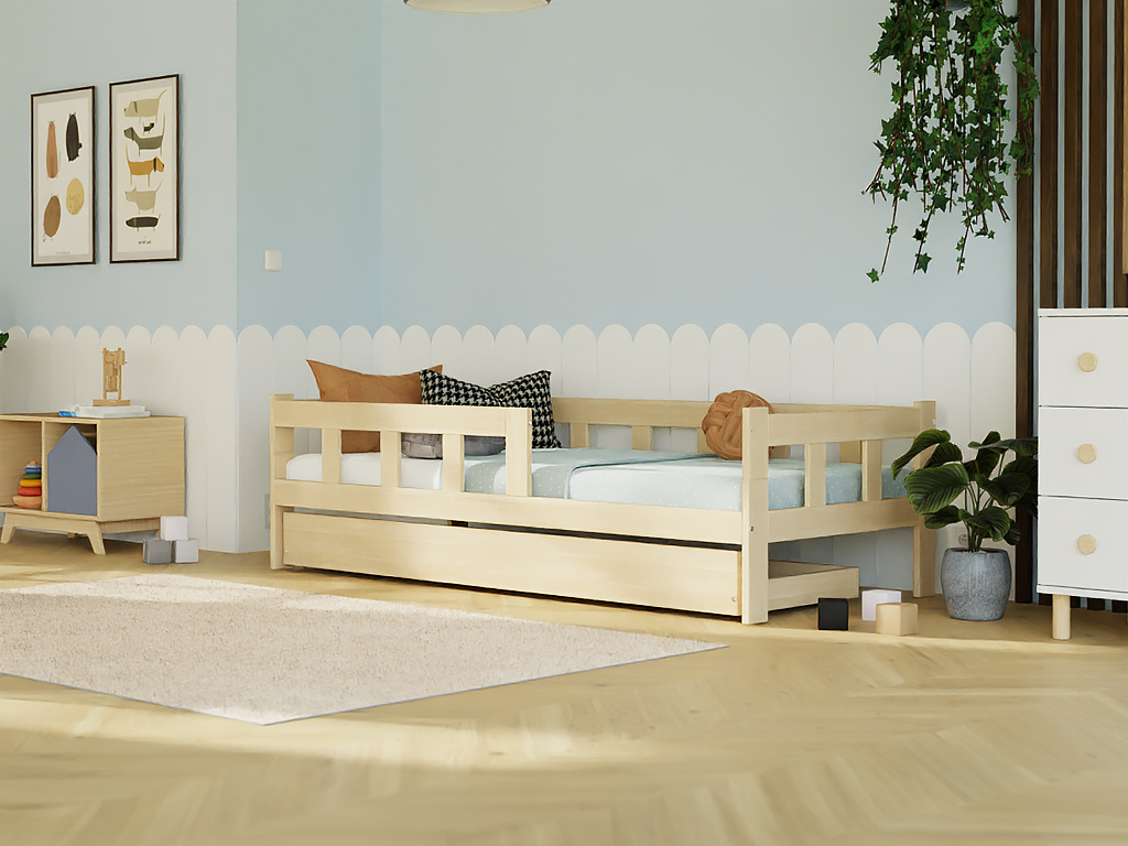 Holzeinzelbett FENCE 4-in-1 mit Barriere und Aufbewahrungsschublade 90x190 cm Pastellrosa, Mit offenem Eingang