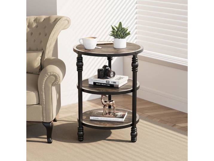 Table d'appoint ronde avec 3 étagères table de chevet et table basse avec cadre en acier salon chambre Chêne foncé
