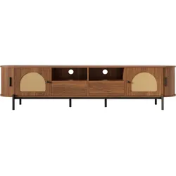 TV-LOWBOARD in Holzoptik mit Rattan, ovale Form und viel Stauraum