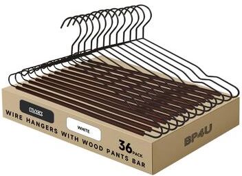 BP4U Heavy Duty Metal Clothes Hangers with Pants Bar, Wire Hangers with Beech Wood Trouser Bar for Sweaters, Jackets, Jeans