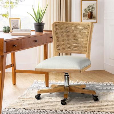 HULALA HOME Calcutta Modern Swivel Rattan Back Task Office chair with Solid Wood Legs and Adjustable Height