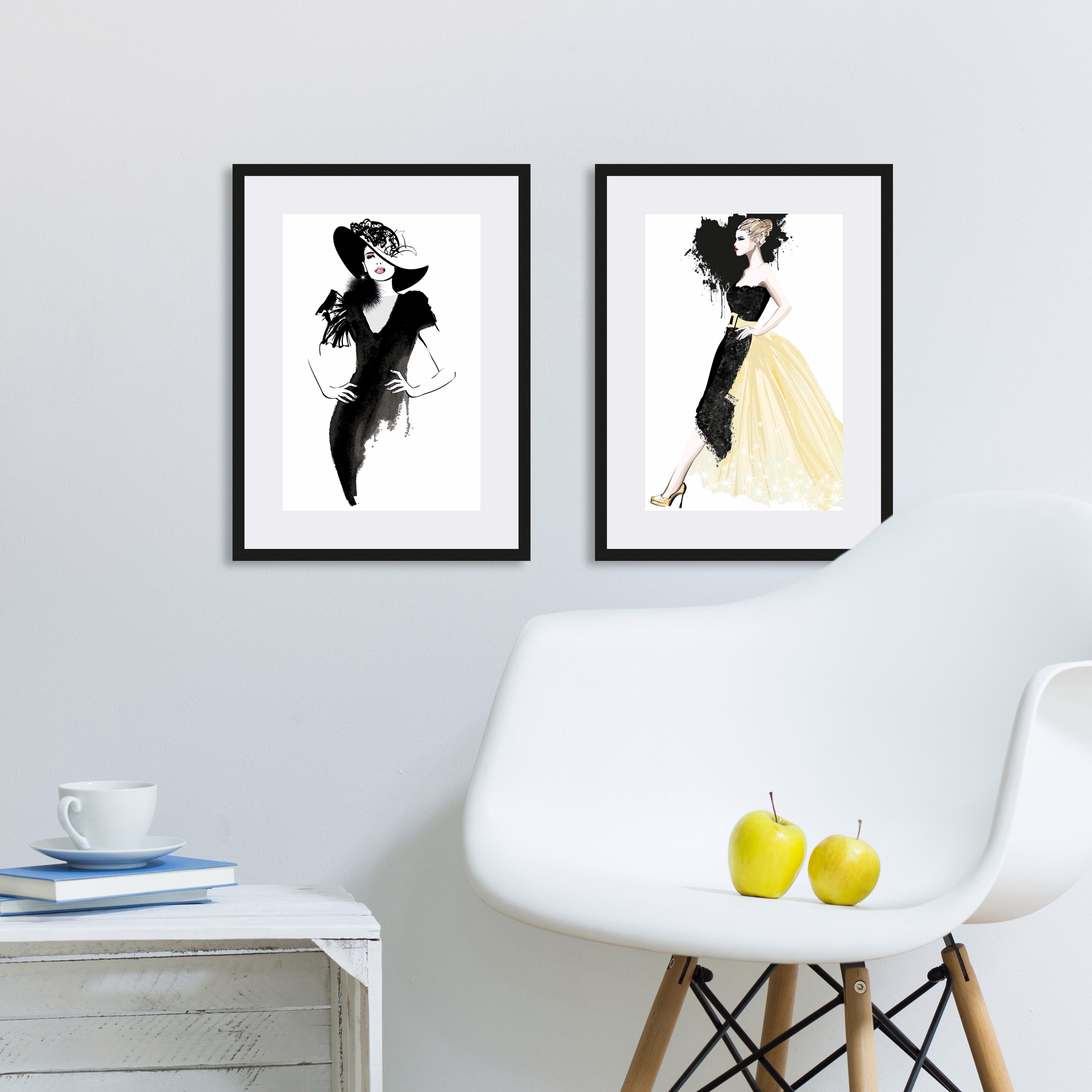 Bild mit Rahmen GOODPRODUCT "Skizze Frau mit Kleid", bunt (farbe rahmen: schwarz, farbe bild(er): schwarz weiß rot), B:30cm H:40cm, Acrylglas, Holz, Papier, Bilder, Bild mit Rahmen, HD Premium Poster-Druck inkl. Holzrahmen farbe rahmen: schwarz, farbe bil