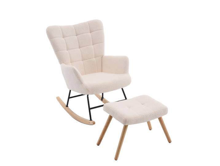 Modfu Schaukelstuhl 91x61x88 cm Beige aus Lammfellimitat mit unabhängiger Fußstütze, hoher Rückenlehne und dicker Polsterung, 68x91x88 cm, Wohnzimmer, Sessel, Schaukelstühle
