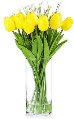 Enova Home Artificial Real Touch Tulips Fake Silk Flower and Star Grasses in Clear Glass Vase with Faux Water for Home Decor