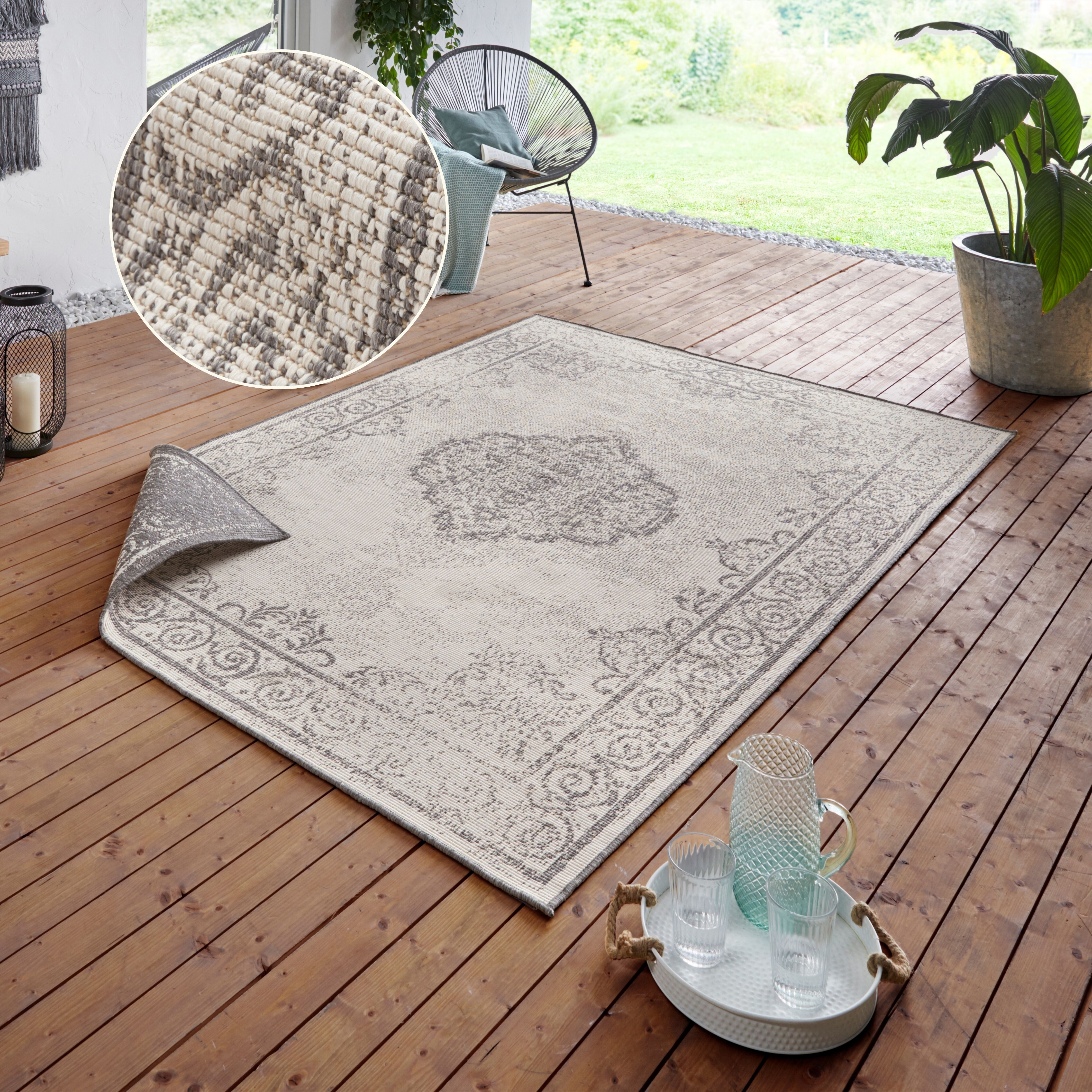 Teppich HANSE HOME "CEBU Wendeteppich" Gr. 31, beige (creme, grau), B:160cm H:5mm L:230cm, Polypropylen (PP), Teppiche, Teppich, In-& Outdoor, Wetterfest, Balkon, Wohnzimmer, Wasserfest, Orientalisch creme, grau B : 160cm 1 Stk., 5mm, L: 230cm