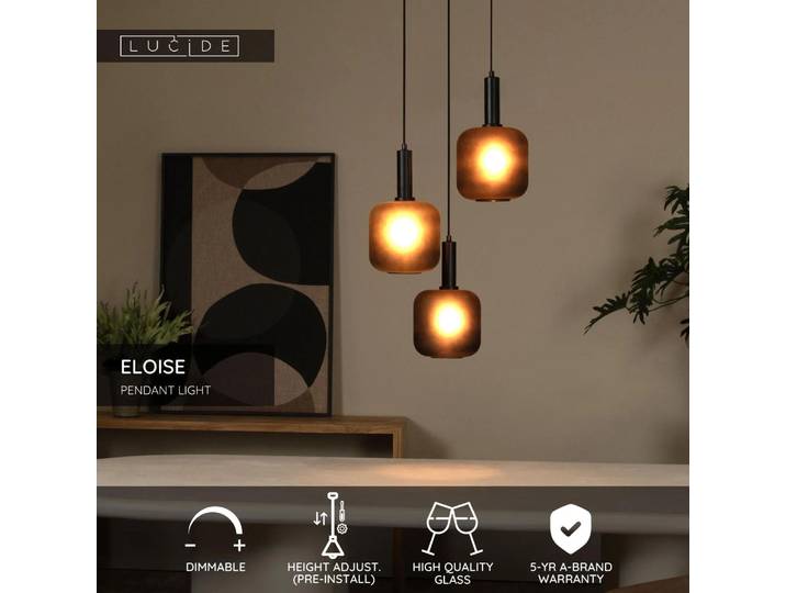 Lampe suspendue moderne avec abat-jour en verre noir ELOISE 3xE27 40W Lucide