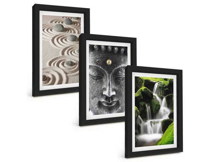 Tulup Bilder SET 3er Set - 20x30 cm Schwarzer Rahmen - Der Frieden der Steine des Buda Zen-Wasserfalls, Kunststoff, Rechteckig, 20x30 cm, einfache und schnelle Anbringung, Bilder & Rahmen, Bilder