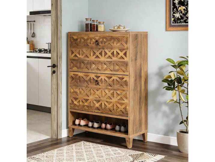 Meuble a chaussures marron – 2 tiroirs basculants – etagere ouverte – effet bois rustique