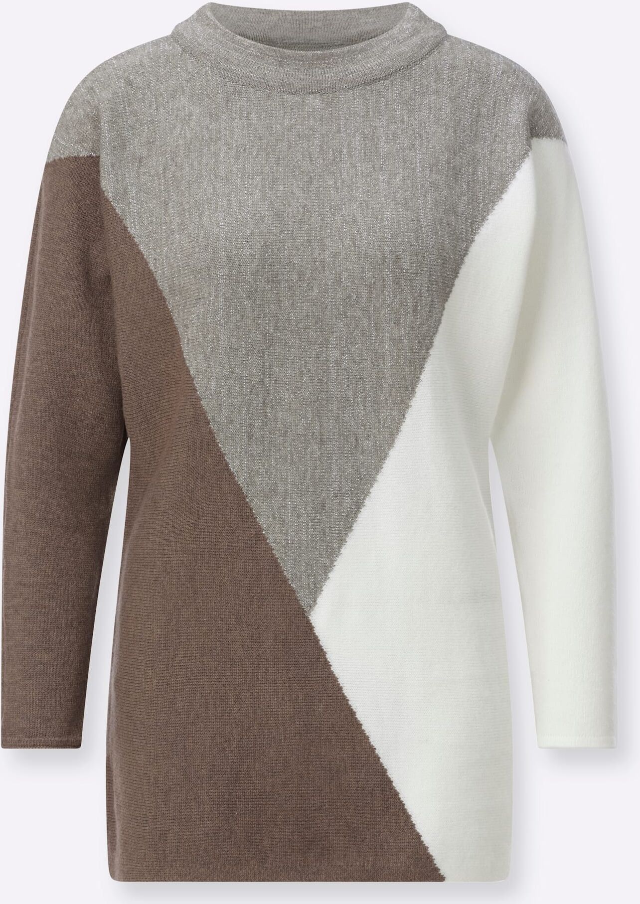 Fledermauspullover CREATION L "Stehkragen-Pullover", Damen, Gr. 48, steingrau, ecru, gemustert, 41% Polyamid, 21% Modal, 21% Viskose, 17% metallisierte Fasern, gemustert, Pullover Fledermauspullover steingrau, ecru, gemustert 48