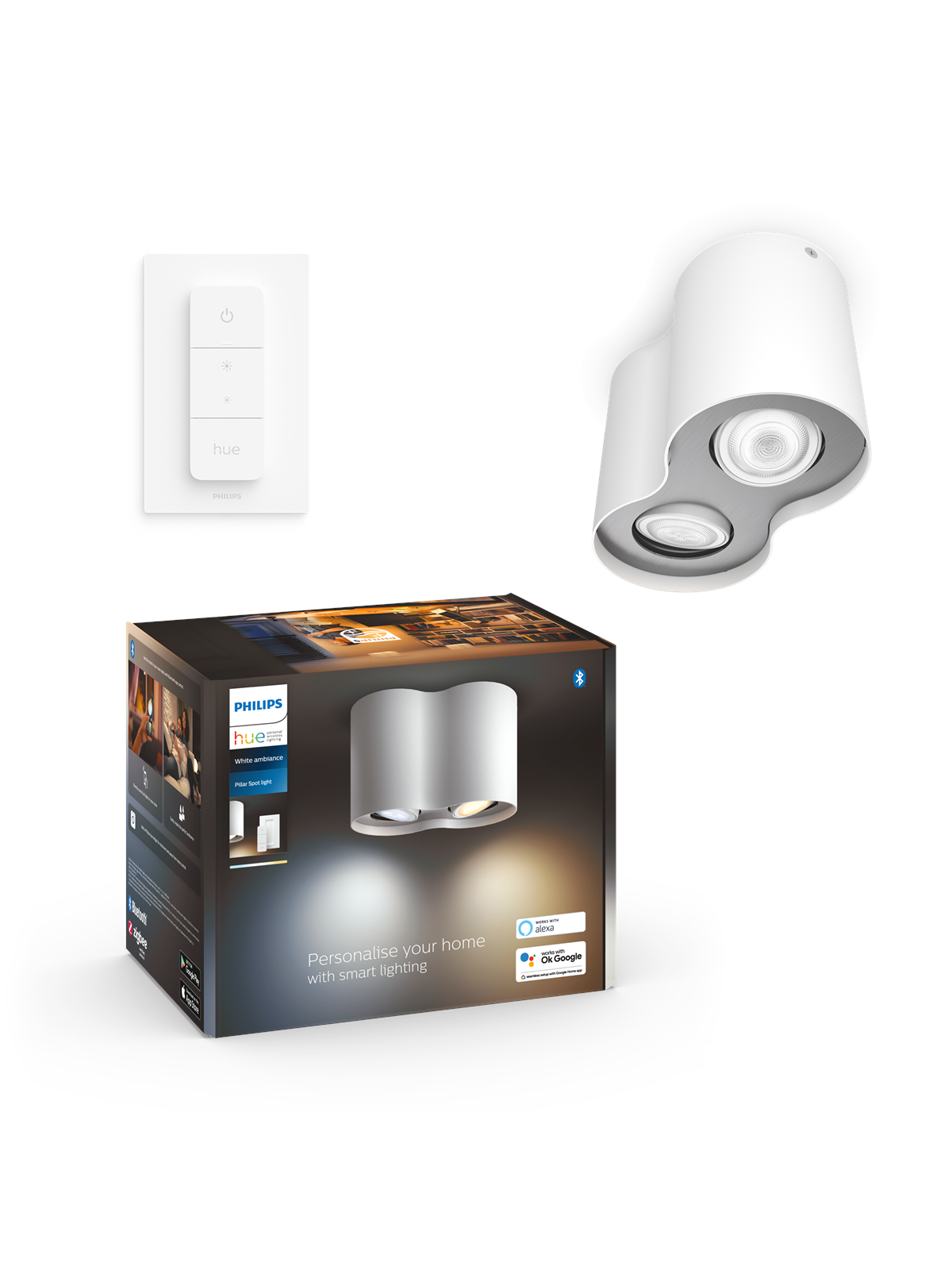 Philips Hue Pillar Double Spotlight - White - With Dimmer Switch