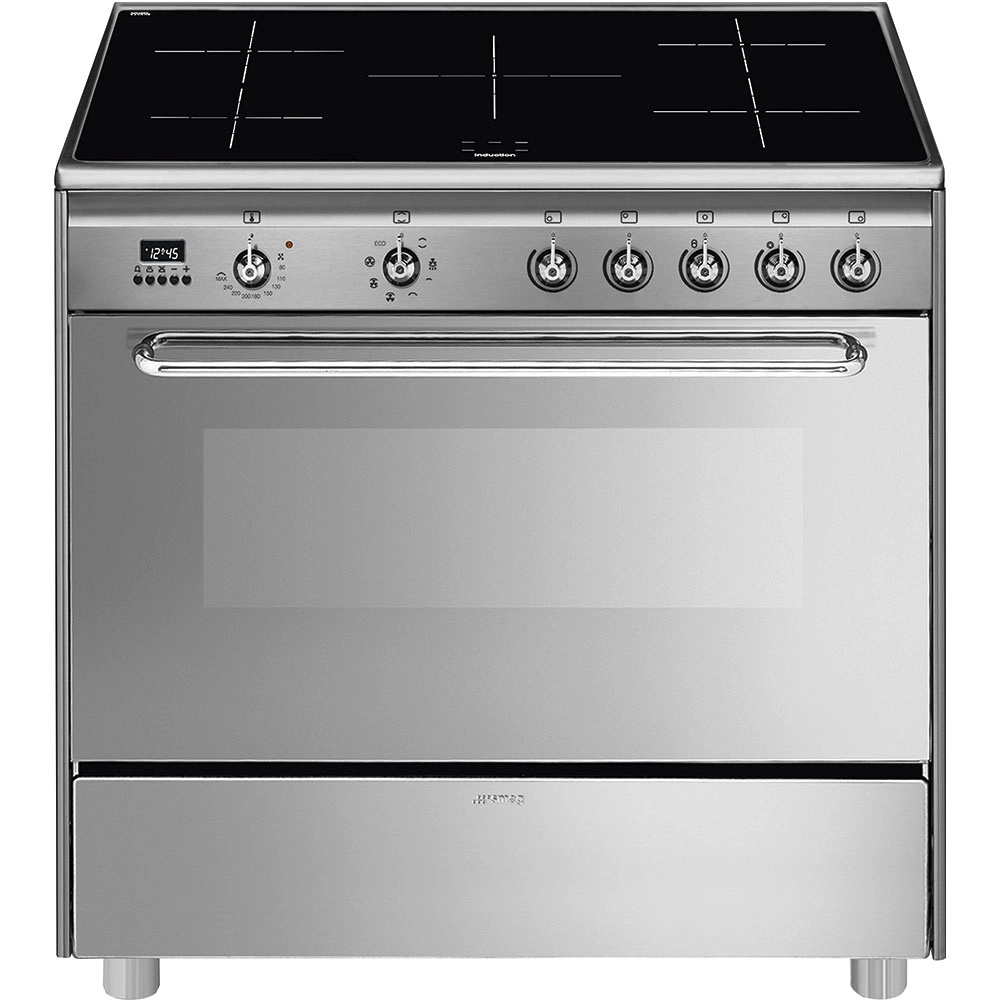 Smeg SCD90IMX9-1 Elektroherd, Edelstahldekor, 115 l Volumen, 90 cm Breite, , Ober-/Unterhitze + Umluft, 5 Kochfelder, Hitzeschutz-TÃ1/4r, Selbstreinigungsfunktion, Display, integrierte Uhr