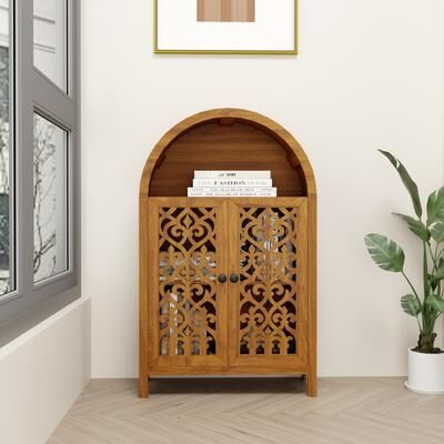 Kodotan sofa Hand-Carved Arched Cabinet, Solid Wood Storage Cabinet with Open Shelf & 2 Doors, Tall Narrow Accent Cabinet