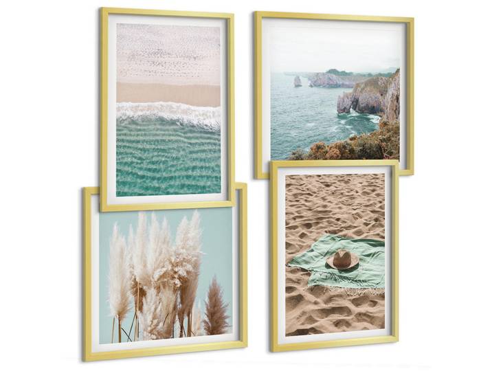 Tulup Bilder SET 4er Set - 50x50 cm & 40x60 cm Goldrahmen - Strandwellen Grashut, Goldfarben, Kunststoff, Rechteckig, 50x50 cm, gerahmt, Bilder & Rahmen, Bilder