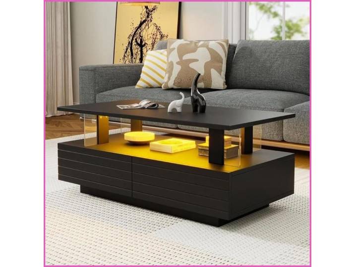 Table basse LED noir - Acrylique commande Bluetooth/App rangement double couche