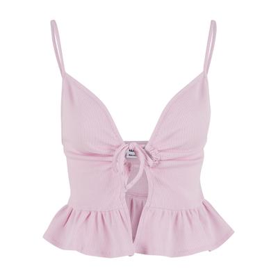 Tanktop URBAN CLASSICS "Urban Classics Damen Ladies Waffle Pique Ruffle Top", Damen, Gr. S, rosa (blushedrose), 65% Baumwolle, 35% Polyester, unifarben, skinny fit, Tops Tanktop