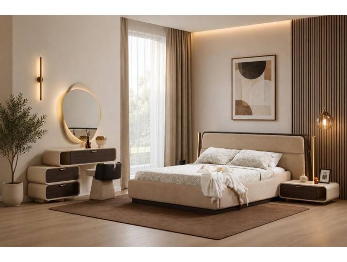 JVmoebel Schlafzimmer-Set Schlafzimmer Set Bettanlage Schminkplatz Modern Beige Komfortabel, (Schlafzimmer-Set, 9-tlg., 9-tlg)