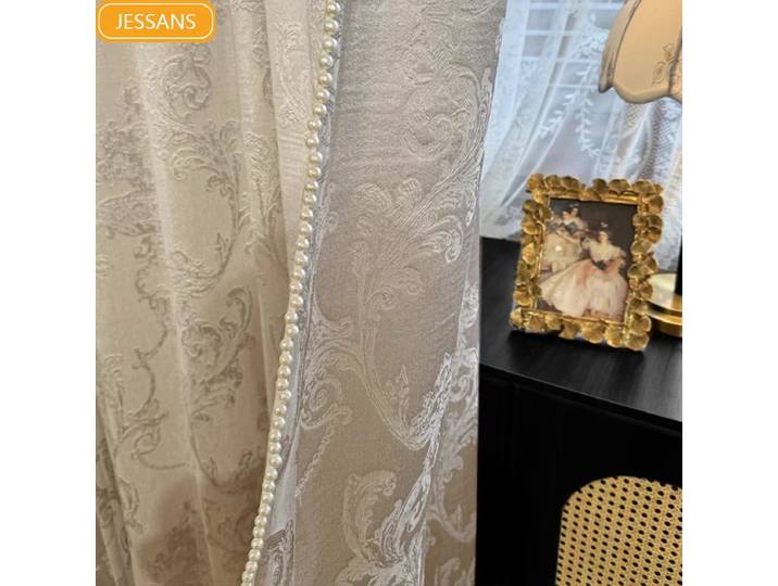 Rideaux rétro double face en jacquard avec perles damas blanches, pour salon, chambre à coucher, villa, fenêtres personnalisées du sol au plafond