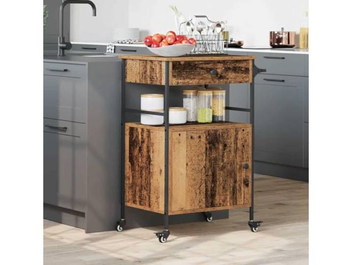Molumvel Küchentrolley, Rollwagen aus Holzwerkstoff, Servierwagen mit 4 Altholz Optik, Mit 2 Feststellbremsen, Kompakte Maße 56 x 43 x 89.5 cm