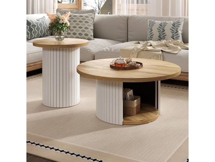 BTM Couchtisch mit Naturholzlatten, Doppelter Runder Tisch, Beistelltisch Kleiner Couchtisch Wohnzimmertisch für Couch, Weiß und Holzfarbe
