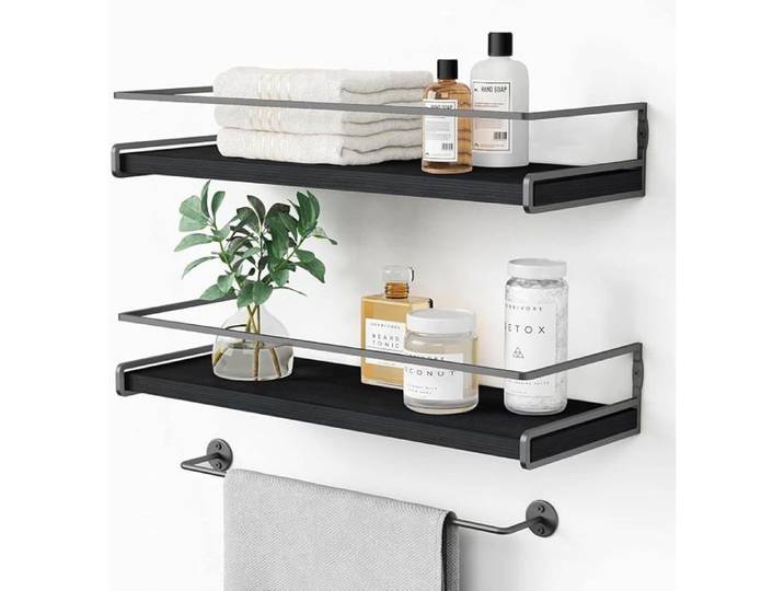Etagere Murale Bois Cuisine Étagère Murale Salle De Bain Lot de 2+1 Petite Etagere Murale avec Porte Serviettes Noir