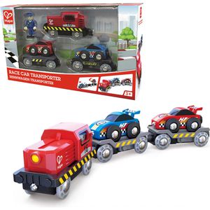 Hape Spielzeugeisenbahn E3735 Transporter, aus Kunststoff mit 2 Waggons, Rennwagen, Lokführer