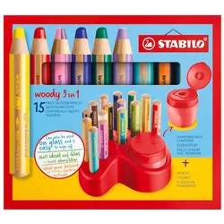 STABILO Set x 15 Stifte woody 3 in 1 + Spitzer mit Behälter + Aufbewahrungstablett