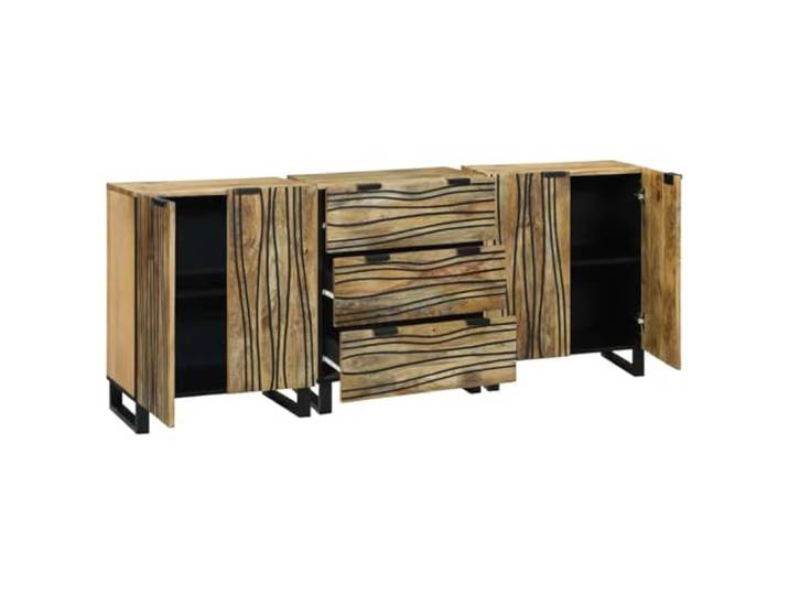POUFGDR Anrichte-Set, 3-teilig, Mangoholz, Natur, 180 x 33 x 75 cm Massives Mangoholz, CNC-Wellendesign, Türen und Schubladen, geschnittene Griffe, Verwendung im Innenbereich