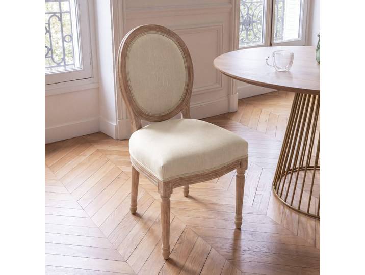 Chaise médaillon brodé en lin beige et bois de frêne massif