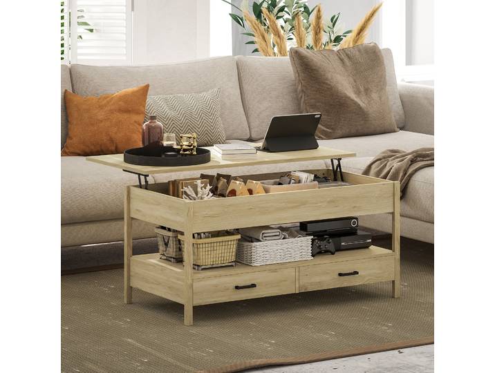 HOMCOM Table Basse Relevable Chêne avec Tiroirs et Rangement