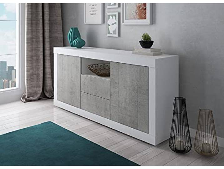 Dmora - Modernes Sideboard mit 2 Türen, Küchenbuffet, Sideboard mit Regalen, Wohnzimmermöbel TV-Ständer, cm 185x44h86, weiß und zementfarben