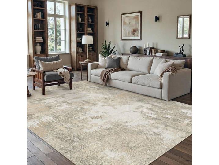 Tapis Beige Salon 150x210cm Abstrait Lavable en Machine Antidérapant Poil Ras Doux Couleur Tapis Chambre Adulte Moderne Salle