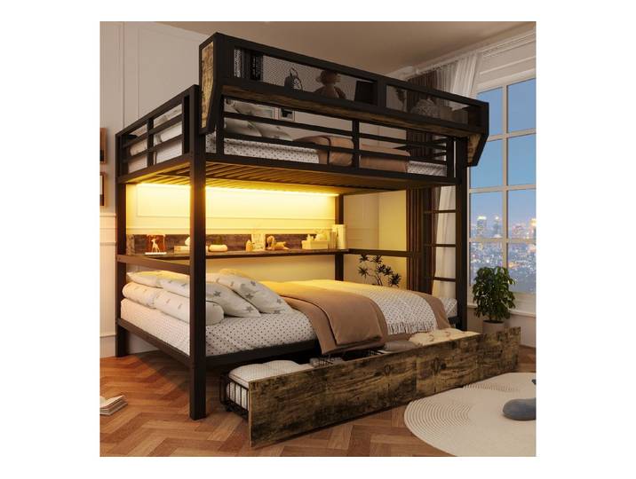 OKWISH Etagenbett Stauraumbett Kinderbett (mit Aufbewahrungskorb, Kinderbett Metallbett, Jugendbett 140x200 cm), ohne Matratze