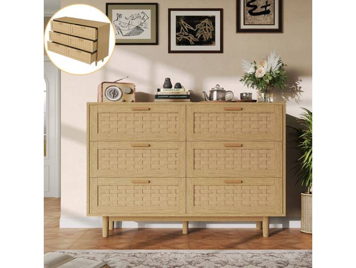 Commode chambre 6 Tiroirs avec rangements - Tressage Rotin Simulé - Commodes pour Salon/Bureau - Style Scandinave - 115x40x80cm
